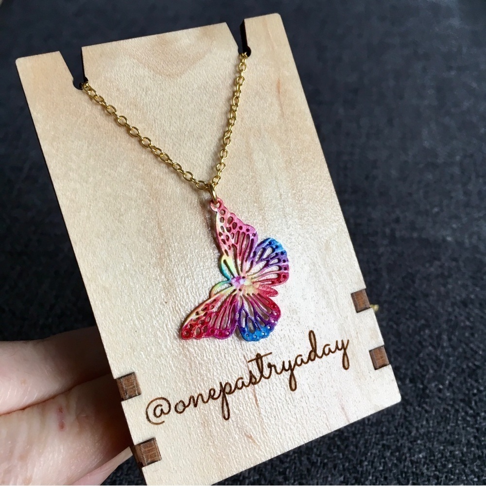 Butterfly Pendant Necklace Red Pink 18 Inches - Picture 8 of 17